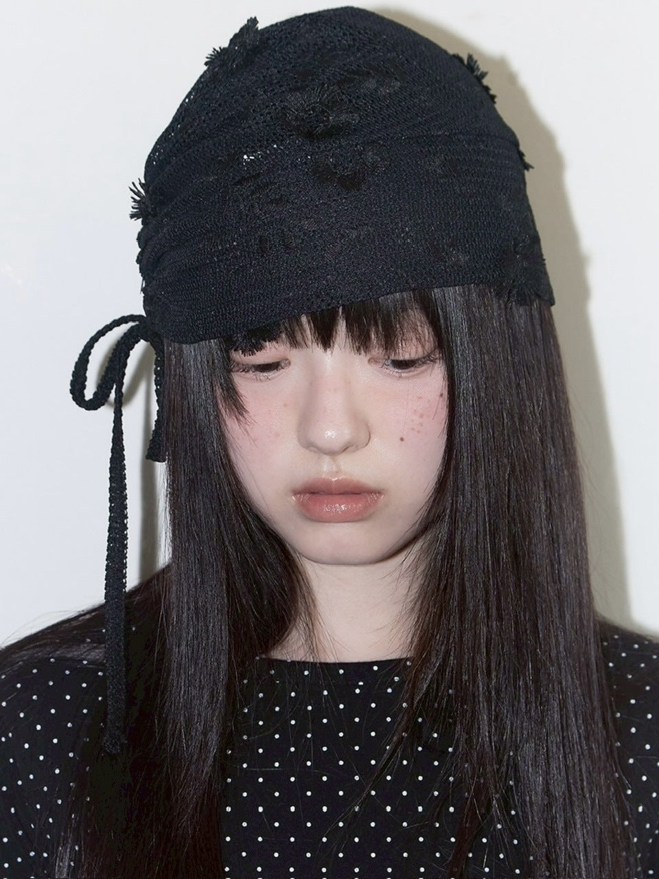 【FANCY CLUB】Lace Ribbon Shirring Beanie / 【ファンシークラブ】レースリボンシャーリングニット帽子