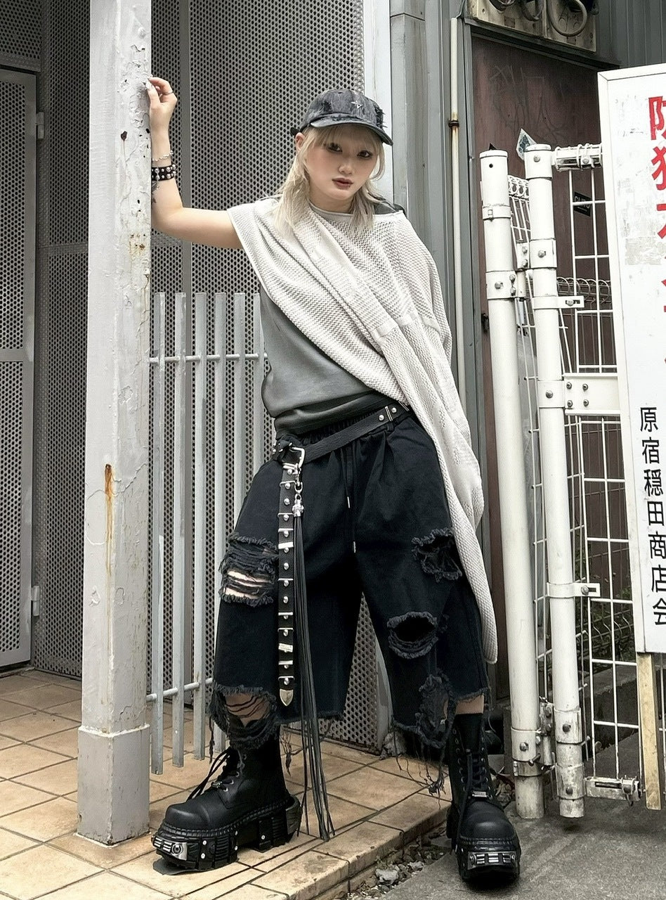 受注制【Never mind the XU】damage denim half pants