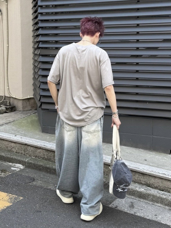 受注制【nmtc +】stripe wash wide denim pants (2color) / 【エヌエムティーシープラス】ストライプボーダーウォッシュワイドデニムパンツ