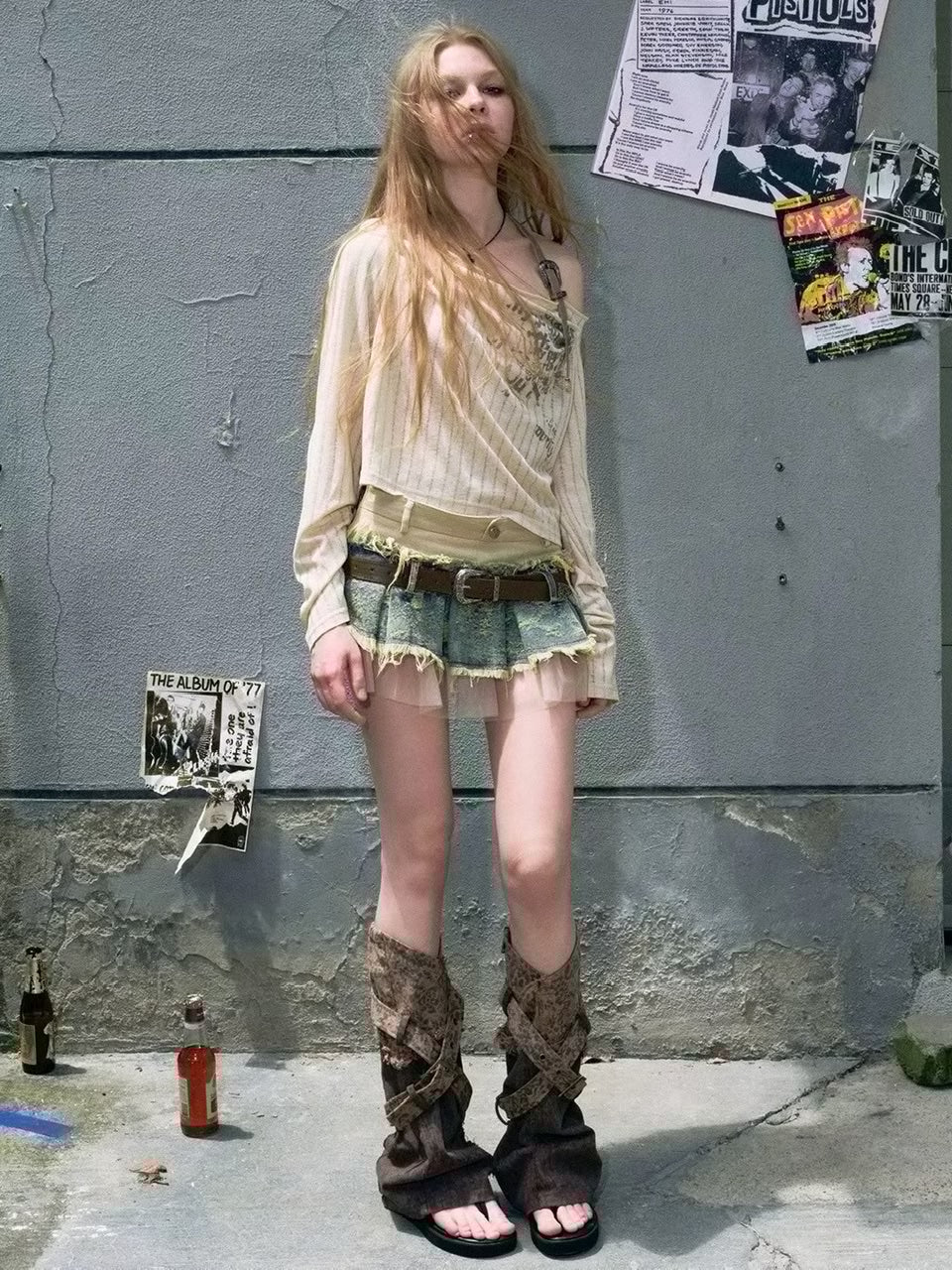 【Cest Nous】Belted Denim Pleated Skirt