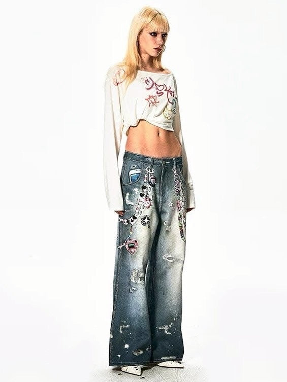 【DND4DES】Y2K CARTOON PENDANTS PRINT PANTS