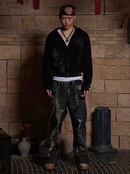 【DND4DES】RHINESTONE BLACK ZIP-UP HOODIE