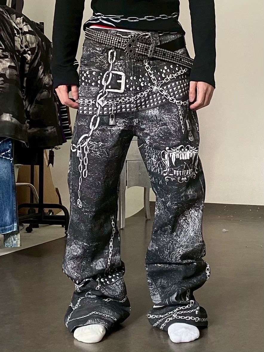 【DND4DES】MULTI BELTS CHAIN PRINTED JEANS