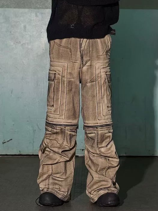 【DND4DES】DISTRESSED DRAWSTRING ADJUSTABLE ZIPPER CARGO PANTS
