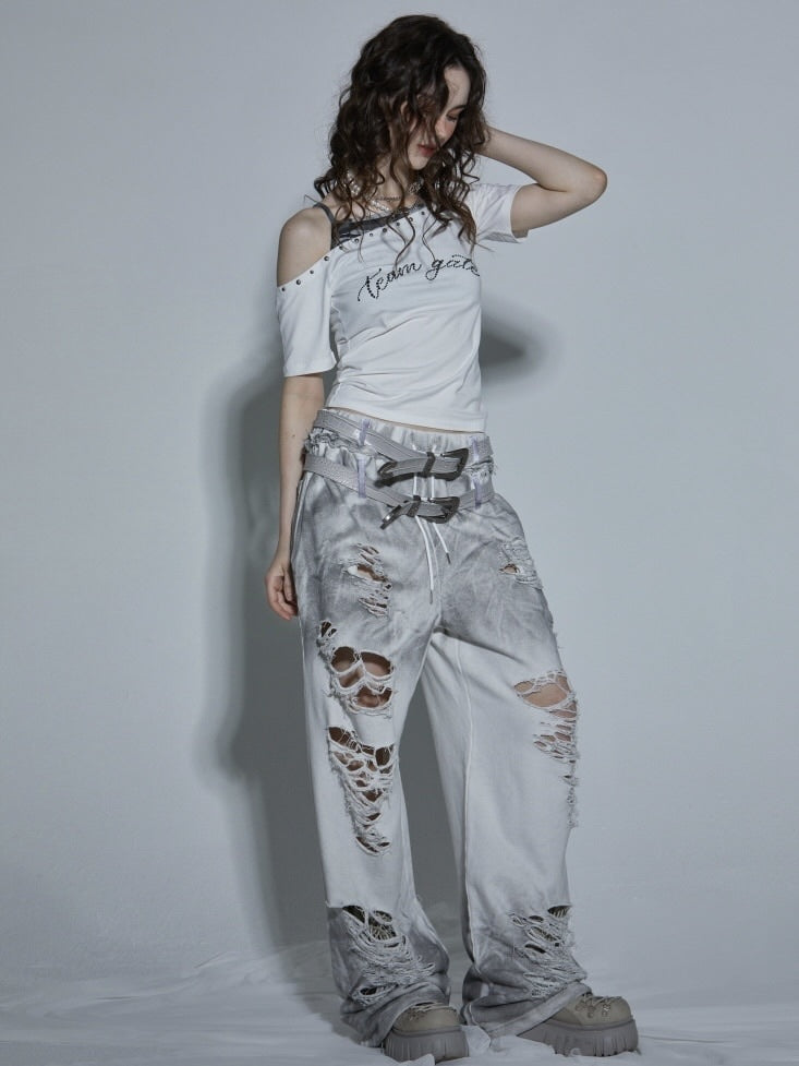 【GATELESS】LAYERED CAMI OFF-SHOULDER T-SHIRT / 【ゲートレス】レイヤードキャミソールオフショルダーTシャツ