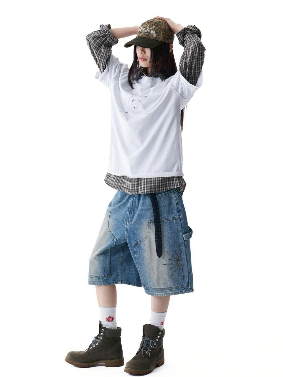 【AAKAM】Washed Double Knee Bermuda Denim Pants