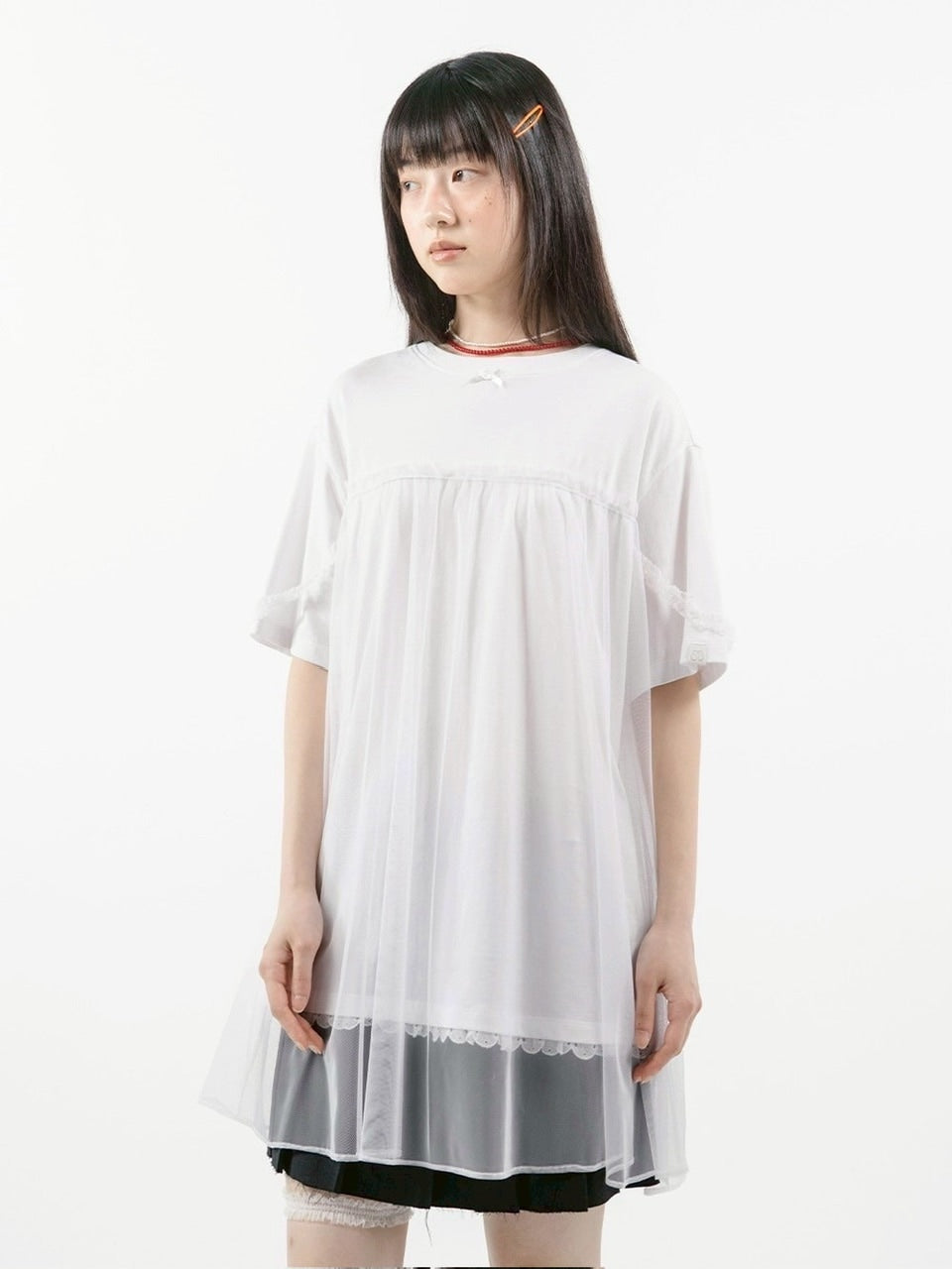 【TUOMIO】MESH LAYERED LACE T-SHIRT / 【トゥオミオ】メッシュレイヤードレース半袖Tシャツ