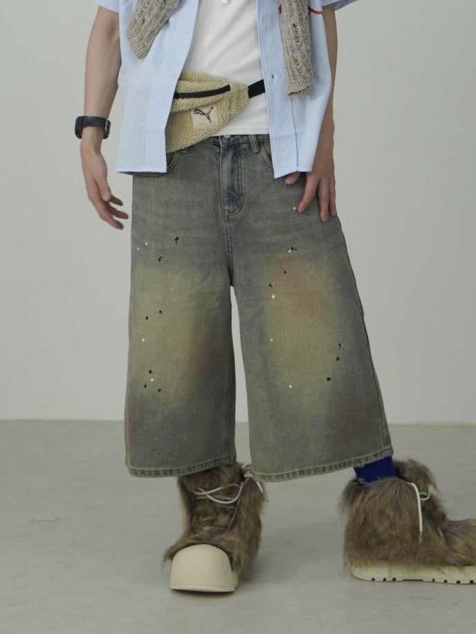 国際配送【Nerd out XU】pink washed seven quarte denim pants / 【ナードアウトエックスユー】ピンクウォッシュドワイドハーフパンツ