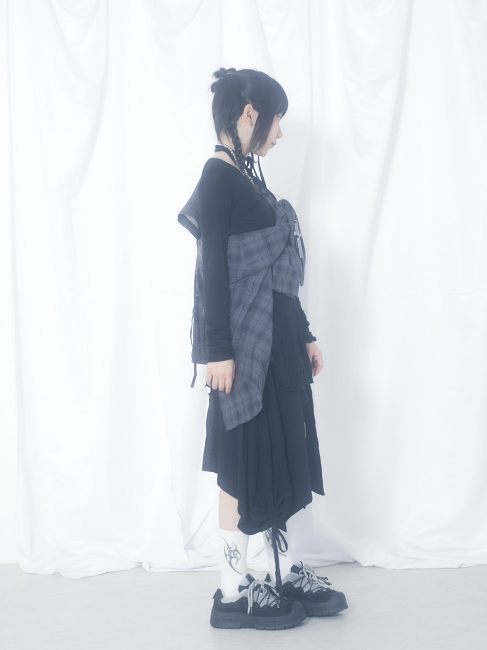 国際配送【Nerd out XU】docking ribbon check asymmetry skirt