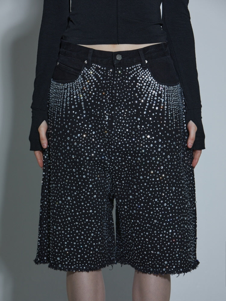 【GATELESS】RHINESTONE FRINGE DENIM HALF PANTS / 【ゲートレス】ラインストーンフリンジデニムハーフパンツ