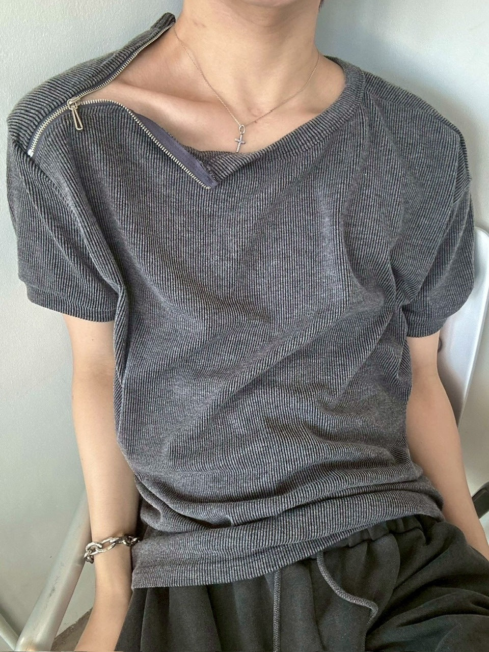 受注制【LUV CODE】shoulder zip half sleeve knit (3color)