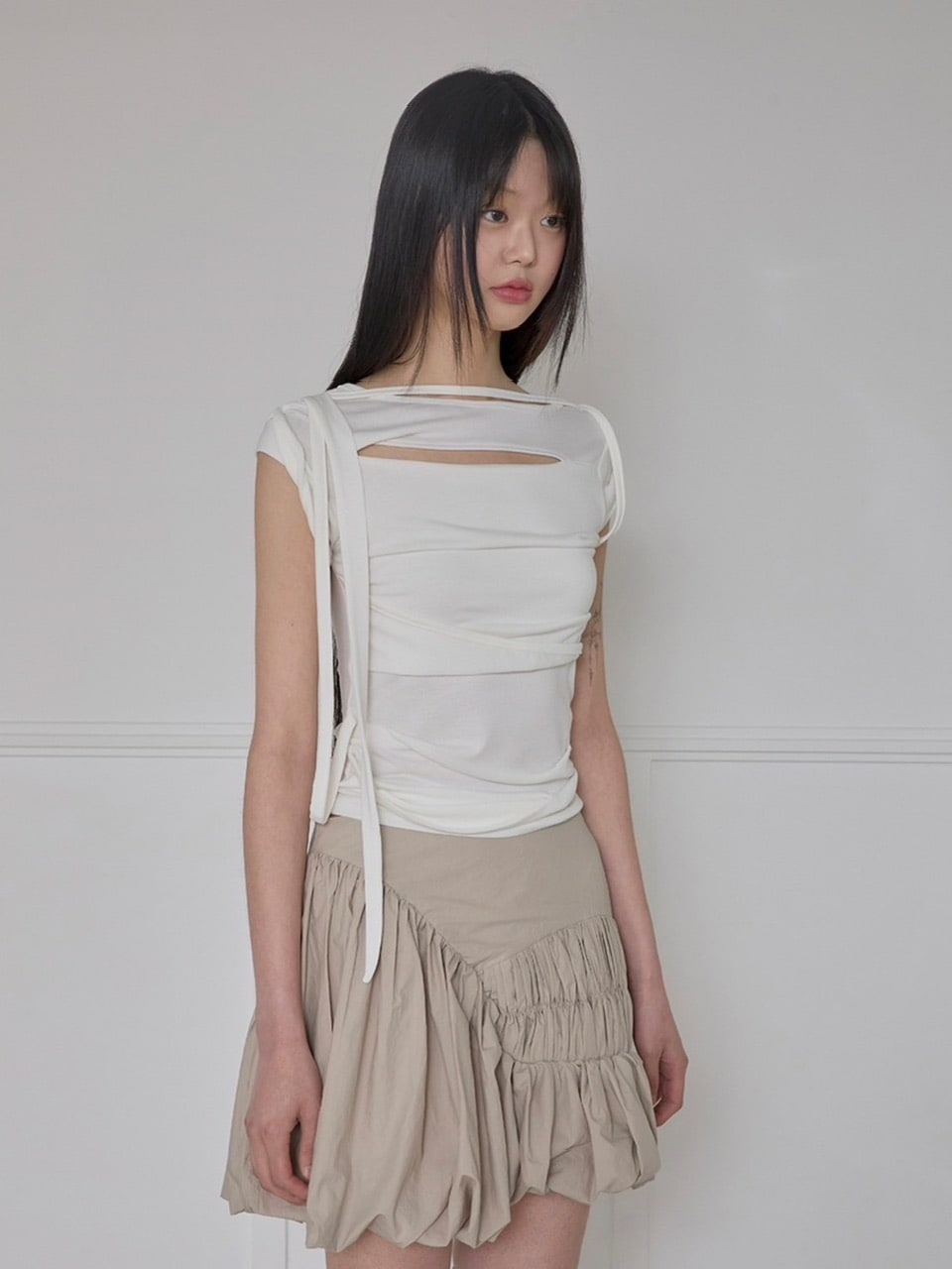 【FLAREUP】Asymmetrical Draped Strap Roll-Up T-Shirt