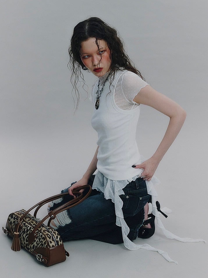 【NOT KNOWING】Dot Mesh Ruffle Top / 【ノットノーイング】ドットメッシュラッフル半袖Tシャツ