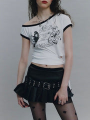 【NOT KNOWING】Tied One Off Shoulder Ringer Top / 【ノットノーイング】タイドワンオフショルダーリンガー半袖Tシャツ