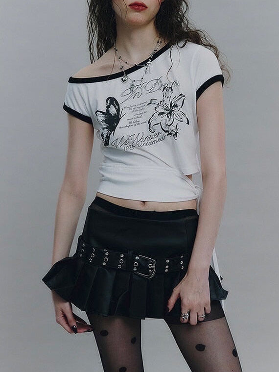 【NOT KNOWING】Tied One Off Shoulder Ringer Top / 【ノットノーイング】タイドワンオフショルダーリンガー半袖Tシャツ