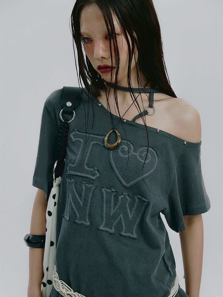 【NOT KNOWING】One Shoulder I LOVE Ruffle Top / 【ノットノーイング】ワンショルダーアイラブラッフル半袖Tシャツ