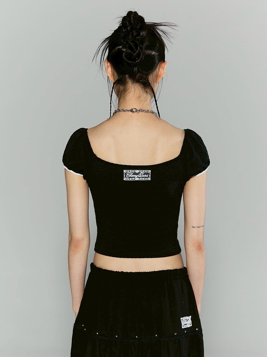 【CHERRYQUIRI】floral lace puff tee