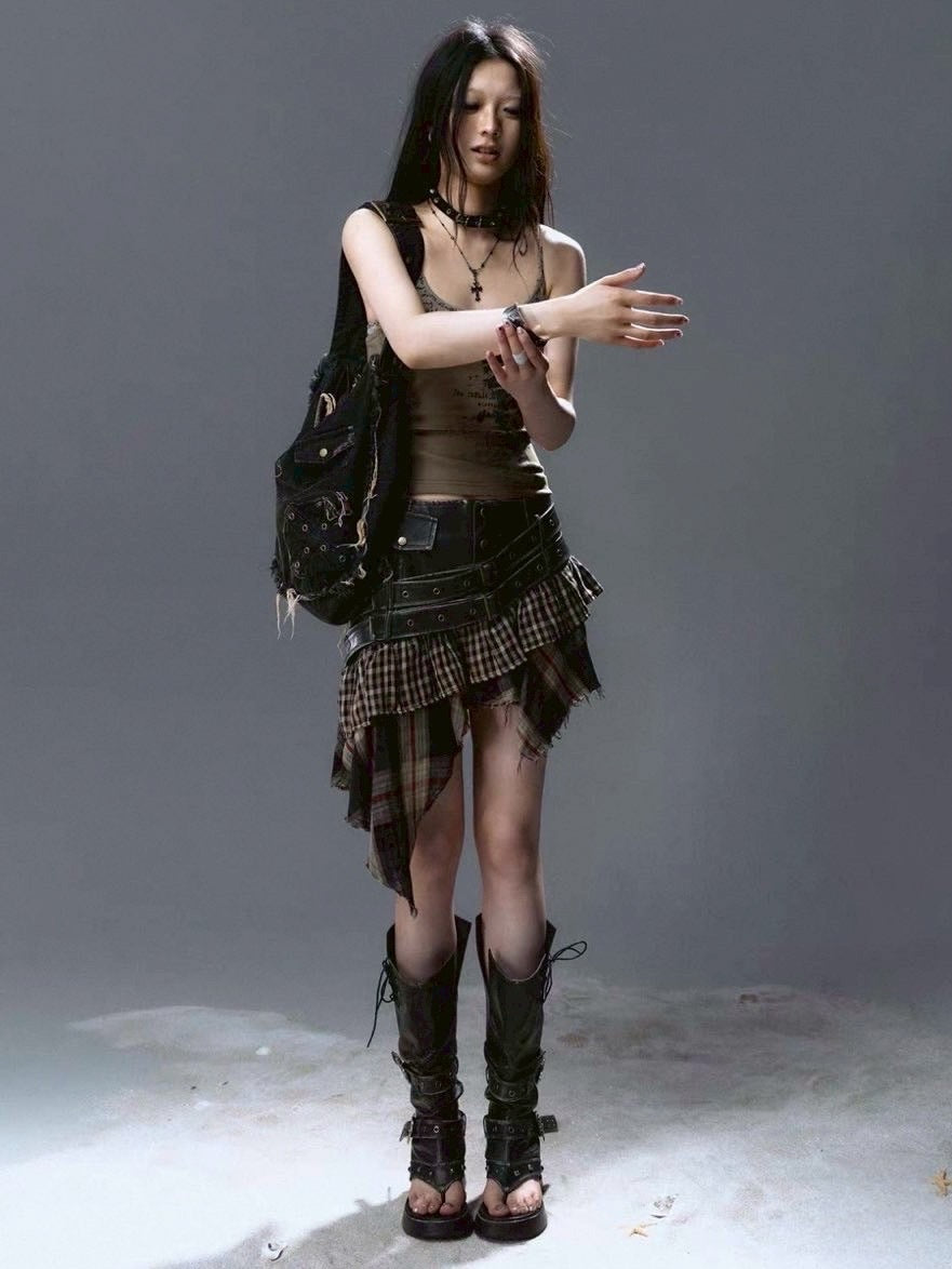 【Cest Nous】Plaid Leather Skirt / 【セヌー】ダブルベルトチェックフリルミニスカート