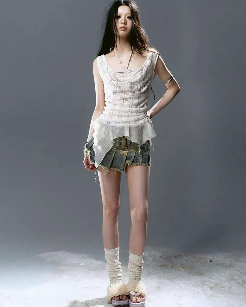 【Cest Nous】Gold-Foil Printed Skort / 【セヌー】ベルトプリーツデニムミニスカートパンツ