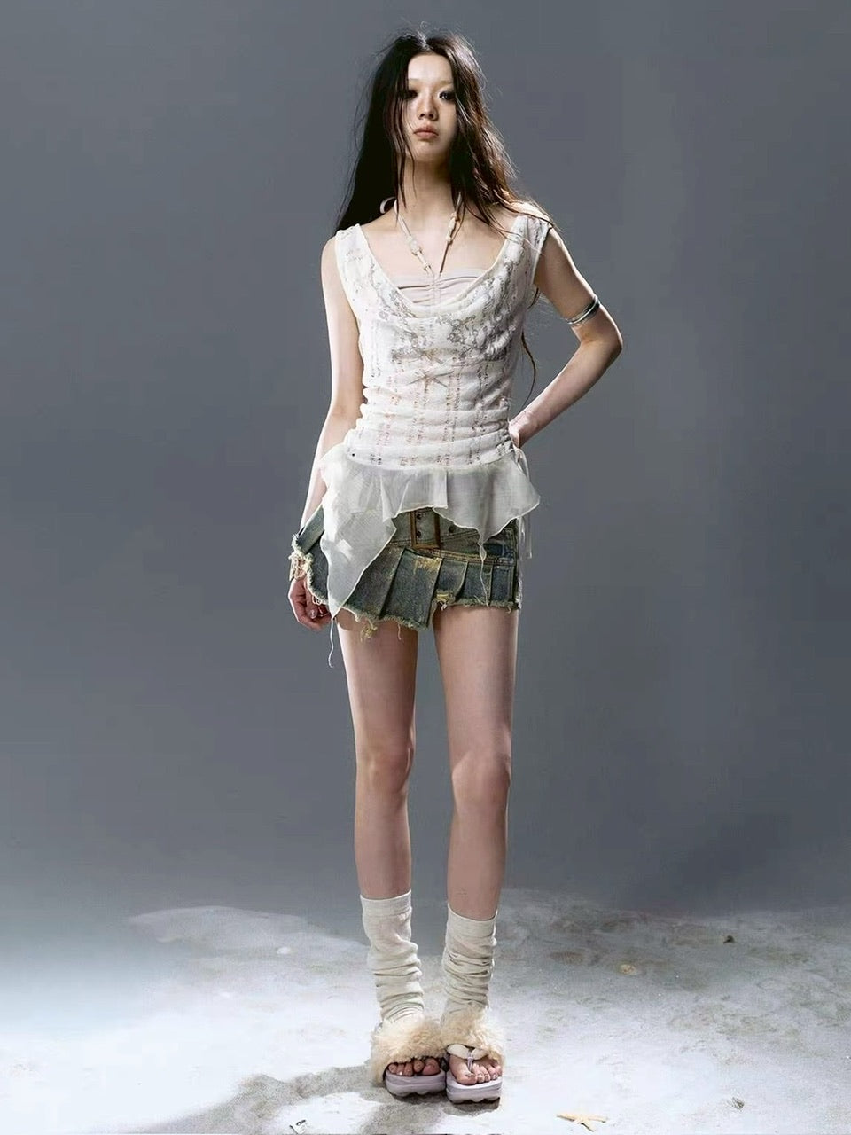 【Cest Nous】Gold-Foil Printed Skort / 【セヌー】ベルトプリーツデニムミニスカートパンツ