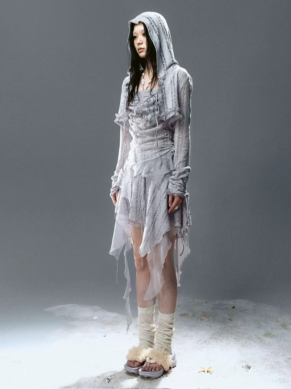 【Cest Nous】Misty Blue Cardigan / 【セヌー】フードフリルシースルーカーディガン