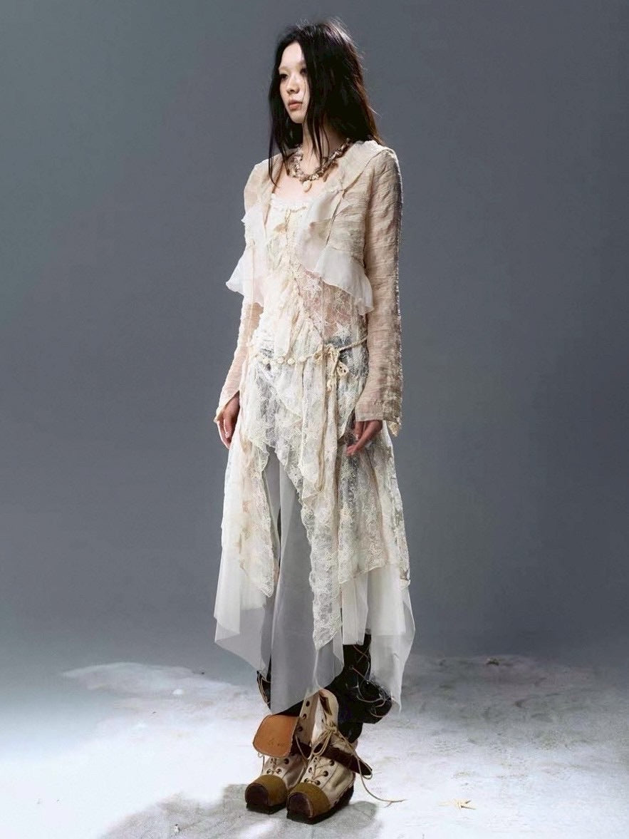 【Cest Nous】Plaid Chiffon Cardigan / 【セヌー】シフォンフリルシースルーカーディガン