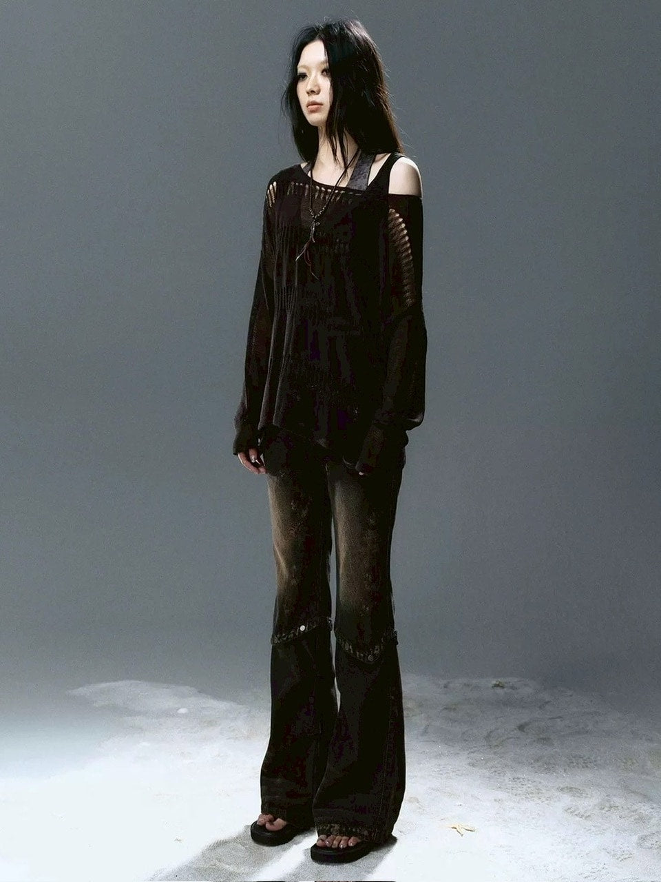 【Cest Nous】Knit Cover-Up / 【セヌー】シースルーボーダーサマーニット長袖Tシャツ