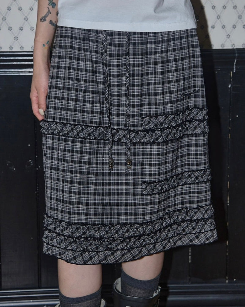 【FANCY CLUB】SHUSHU FRILL CHECK MIDI SKIRT / 【ファンシークラブ】シュシュフリルチェックミディスカート