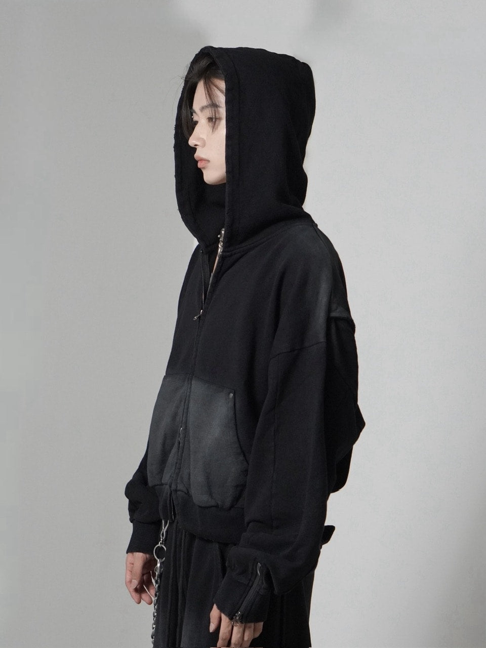 【CHIKASHITSU PLUS HIGH】cropped dirty wash double zip hoodie (wash black) / 【チカシツプラスハイ】クロップドダーティーウォッシュダブルジップパーカー