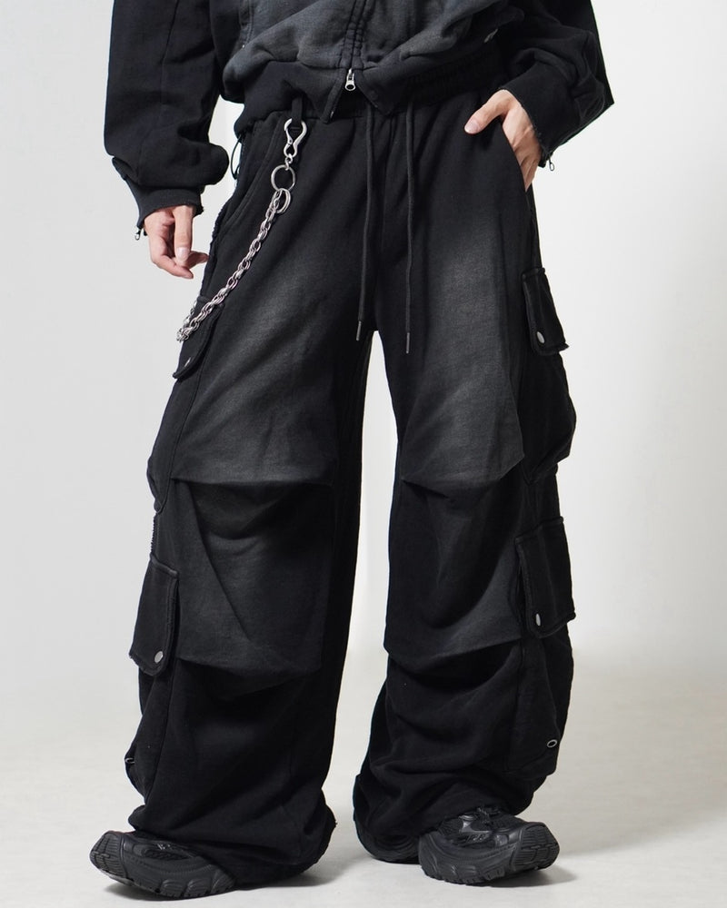 【CHIKASHITSU PLUS HIGH】4 pocket dirty wash sweat cargo pants (wash black) / 【チカシツプラスハイ】マルチポケットダーティーウォッシュスウェットカーゴパンツ