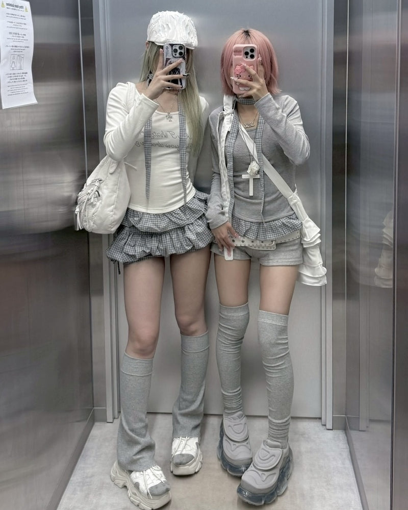 受注制【nmtc +】tie set check lace long sleeve / 【エヌエムティーシープラス】タイ付きチェックレース切り替え長袖Tシャツ (3color)