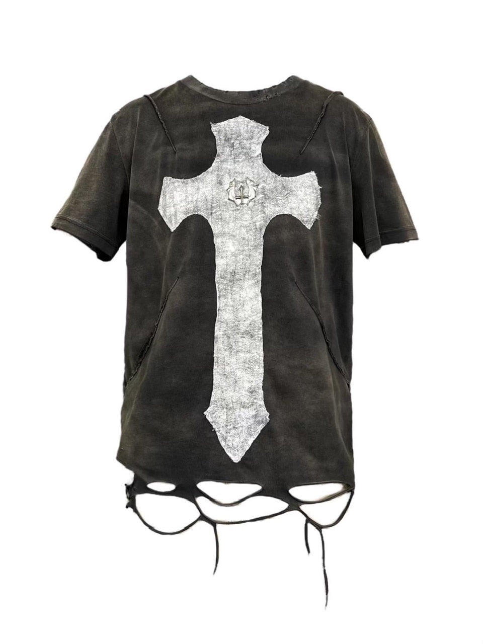 【UNIZ】Cross Knight T-Shirt / 【ユニズ】オーバーサイズクロスダメージ半袖Tシャツ