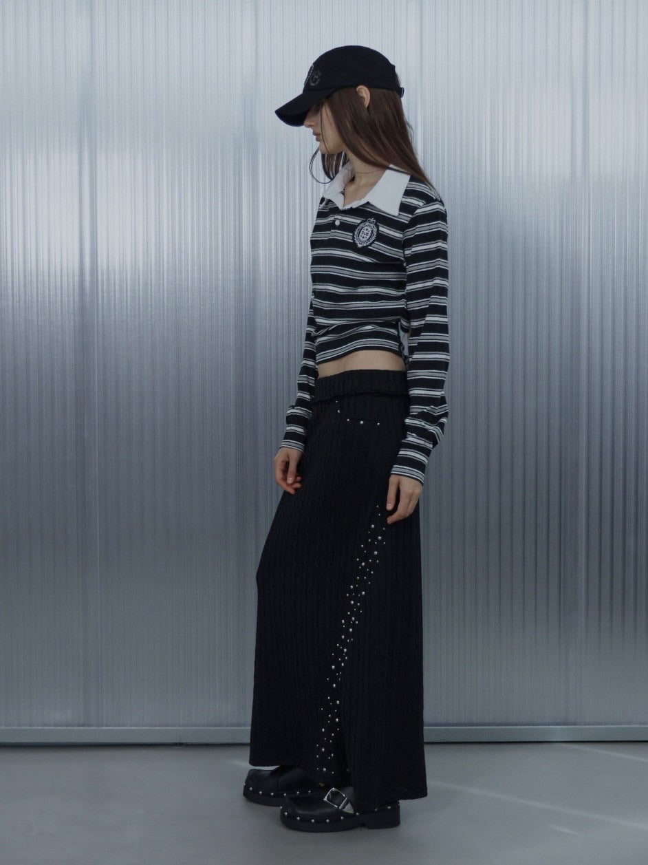 【SETUP‐EXE】STRIPE WAPPEN POLO TOP / 【セットアップエグゼ】ストライプワッペン長袖ポロシャツ