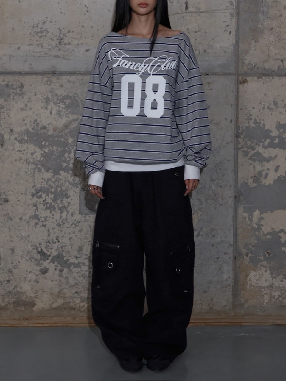 【FANCY CLUB】STRIPE ONE-SHOULDER SWEATSHIRT / 【ファンシークラブ】ストライプワンショルダースウェット長袖Ｔシャツ