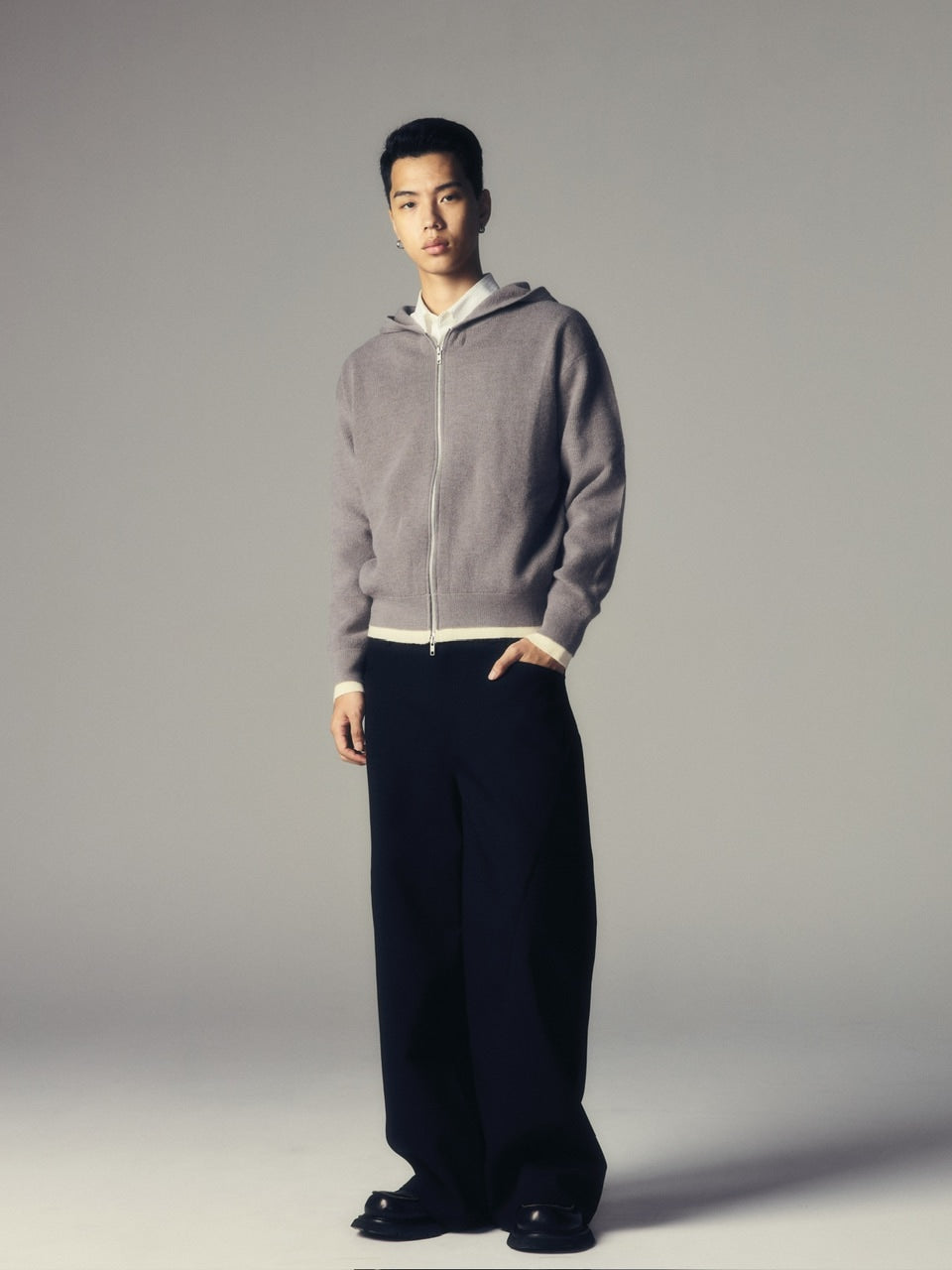 【CS】layered knit zip hoodie (gray) / 【シーエス】レイヤードニットジップフーディー