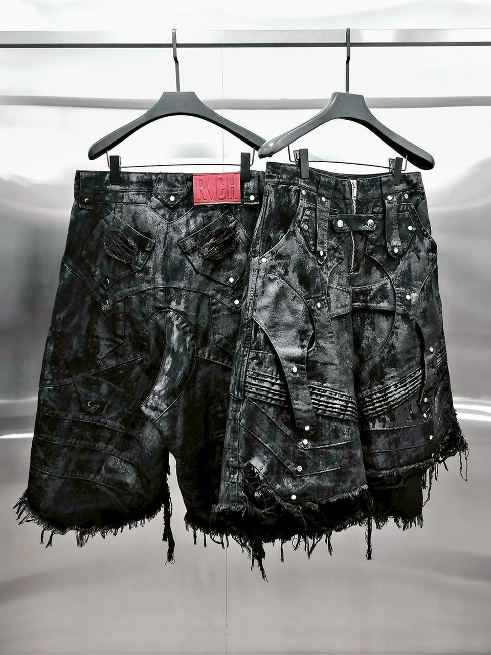 1/2 20:00再販【RICH】Knight Wide Waxed Short Pants/ 【リッチ】デザインデニムダメージハーフパンツ