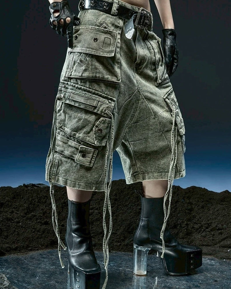 【RICH】Cargo Wide Green Washed Short pants / 【リッチ】ポケットカーゴデニムハーフパンツ