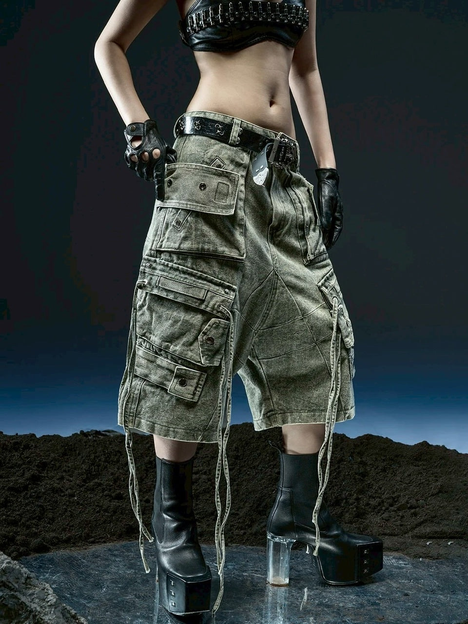 【RICH】Cargo Wide Green Washed Short pants / 【リッチ】ポケットカーゴデニムハーフパンツ