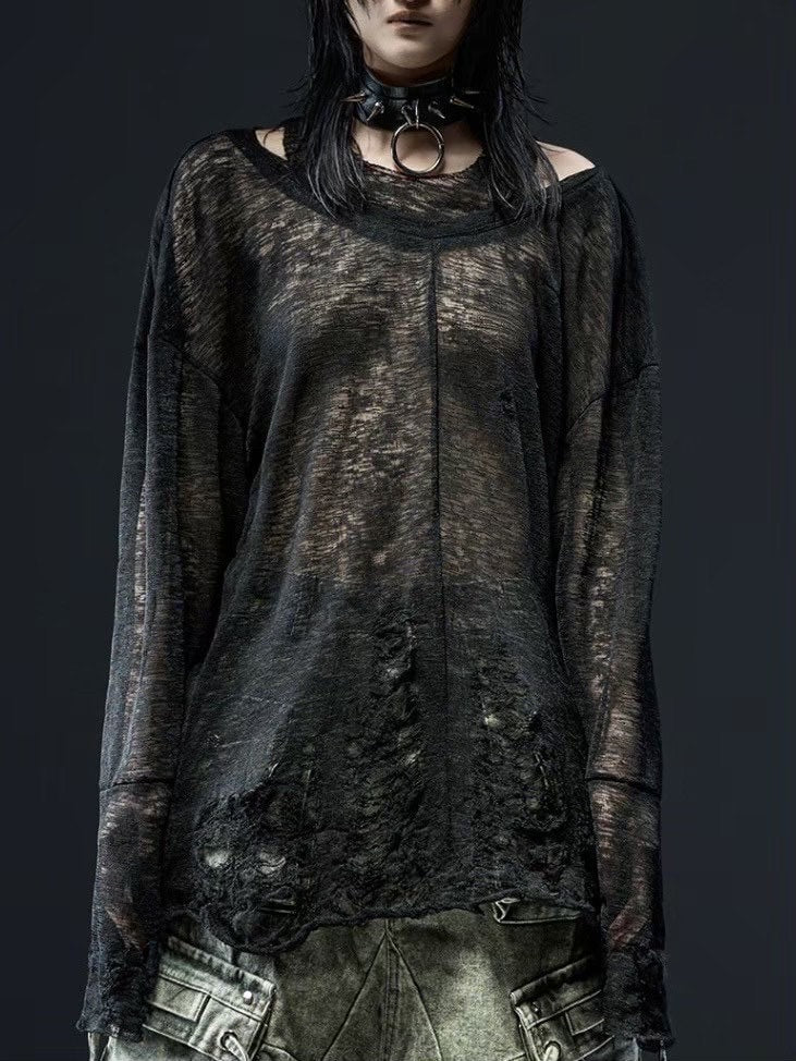 1/2 20:00再販【RICH】Ripped Over Knit Top / 【リッチ】シースルーオーバーサイズ長袖ニット