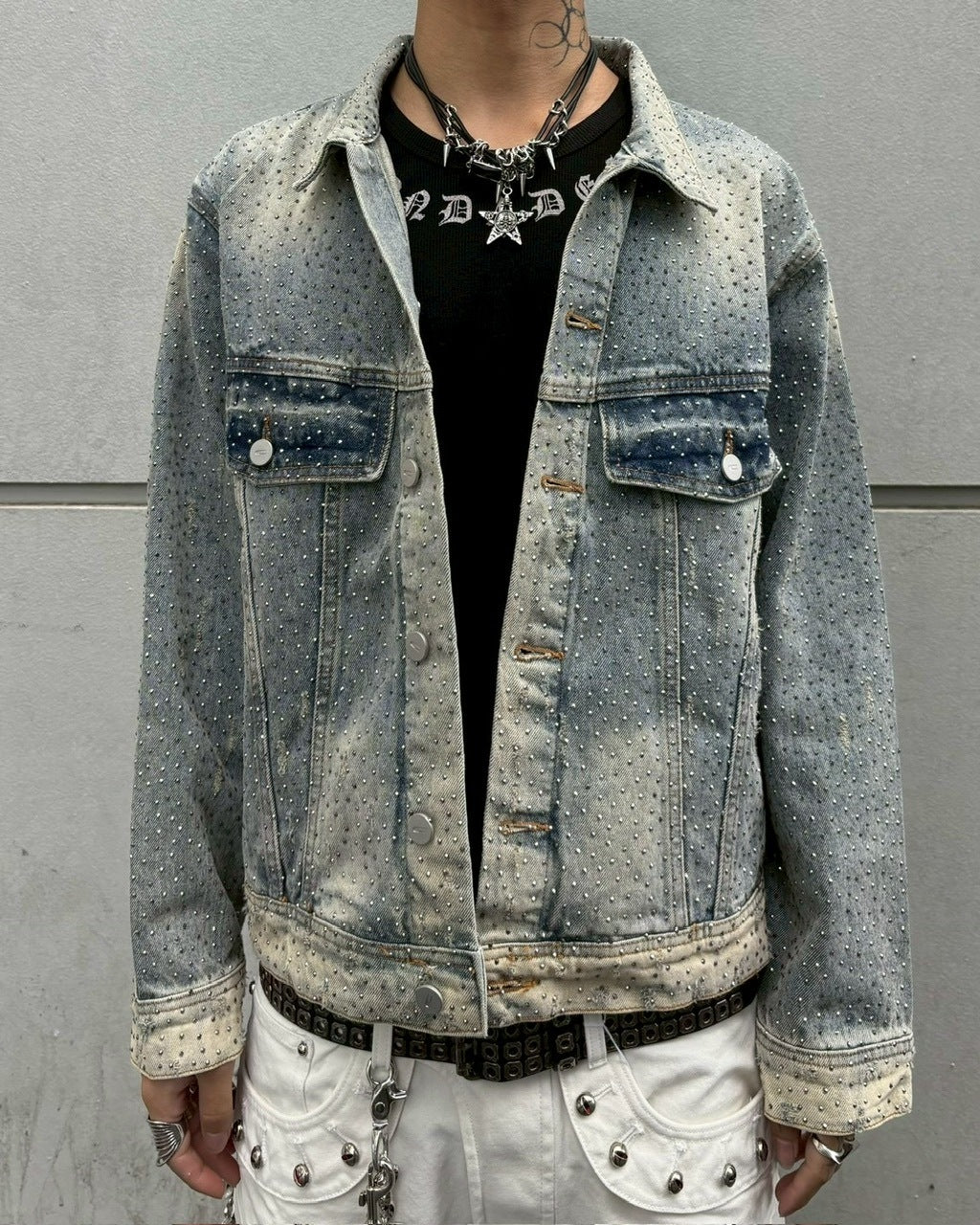 【Never mind the XU】rhinestone denim jacket / 【ネバーマインドザエックスユー】ラインストーンデニムジャケット (2color)