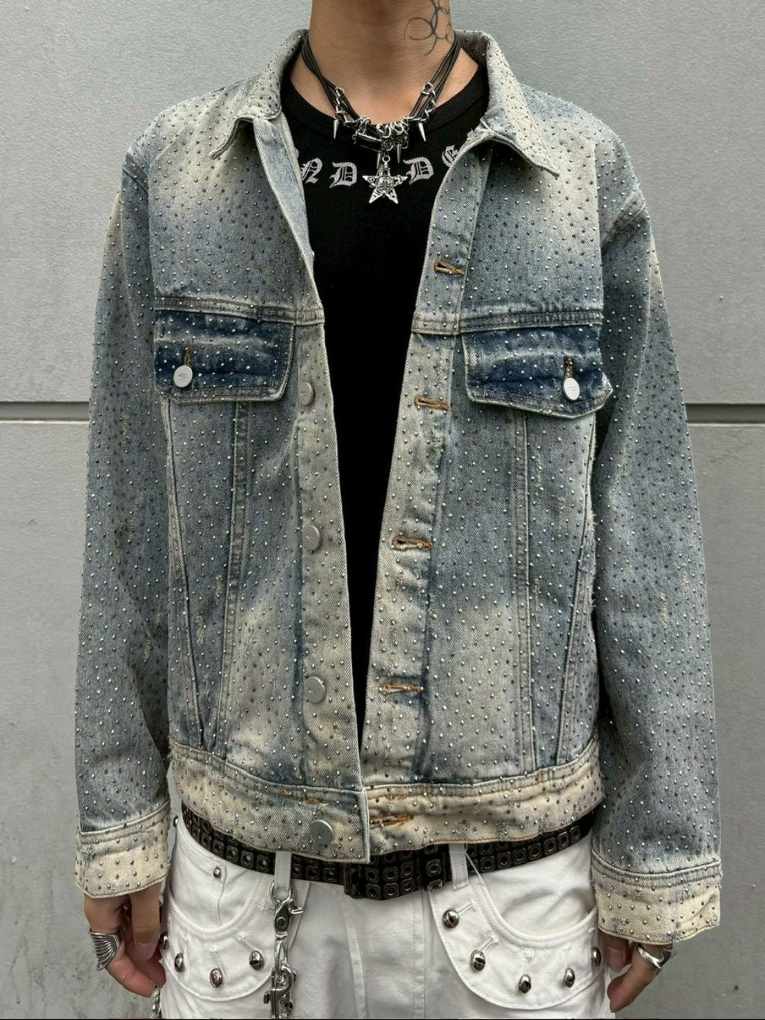 【Never mind the XU】rhinestone denim jacket / 【ネバーマインドザエックスユー】ラインストーンデニムジャケット (2color)