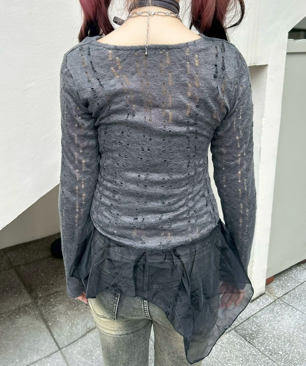 【Never mind the XU】see-through loose tops / 【ネバーマインドザエックスユー】シースルーレイヤードフリル長袖トップス (2color)