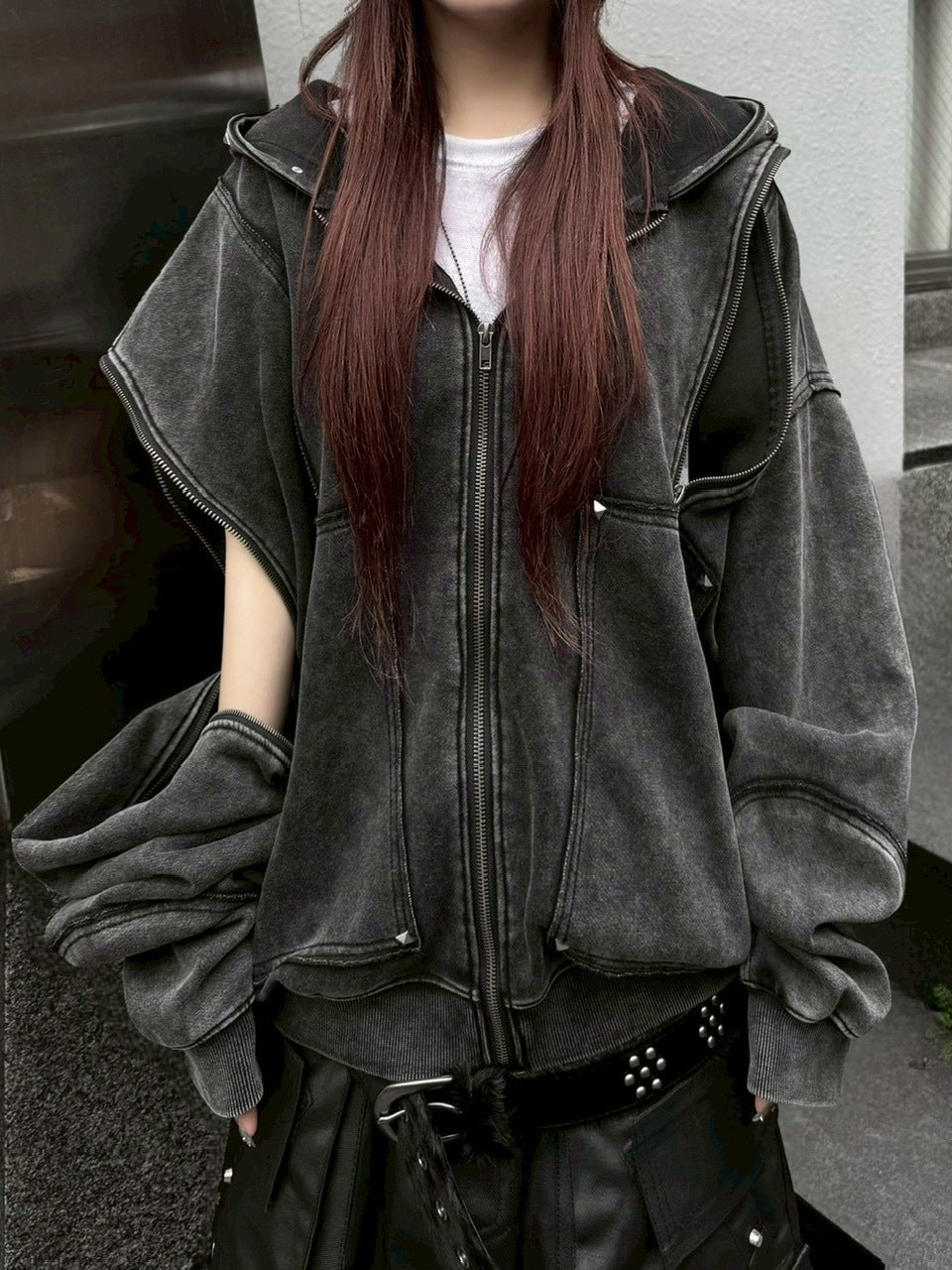 【Never mind the XU】studs washing zip up hoodie / 【ネバーマインドザエックスユー】スタッズウォッシングジップパーカー