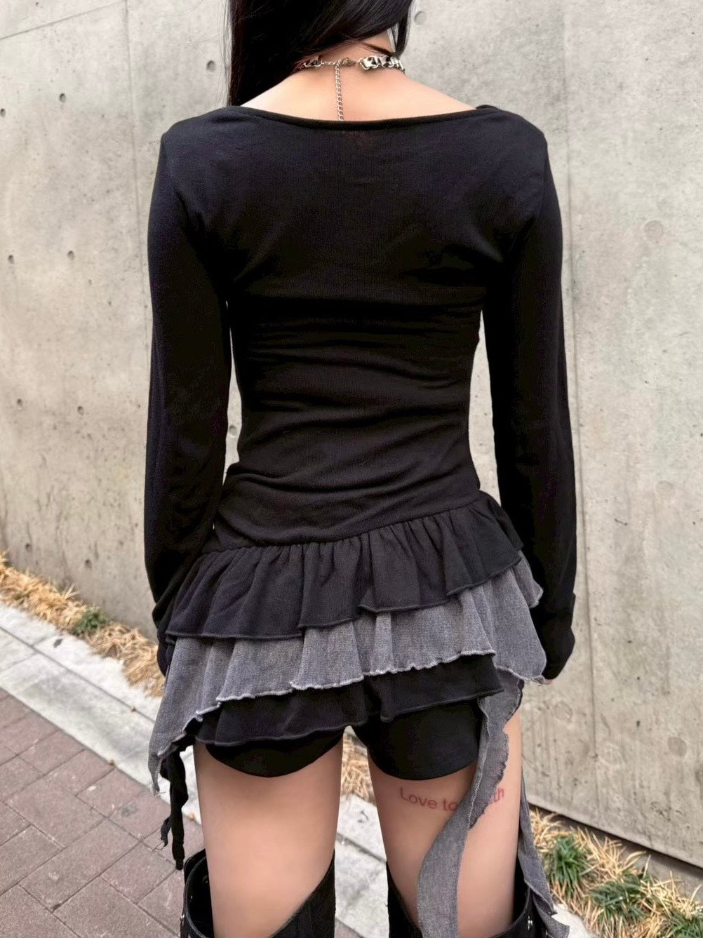 【Never mind the XU】tie set layered long sleeve / 【ネバーマインドザエックスユー】タイセットレイヤード長袖トップス (2color)