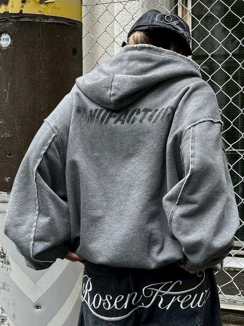【Never mind the XU】damage oversized zip up hoodie / 【ネバーマインドザエックスユー】ダメージオーバーサイズジップアップパーカー
