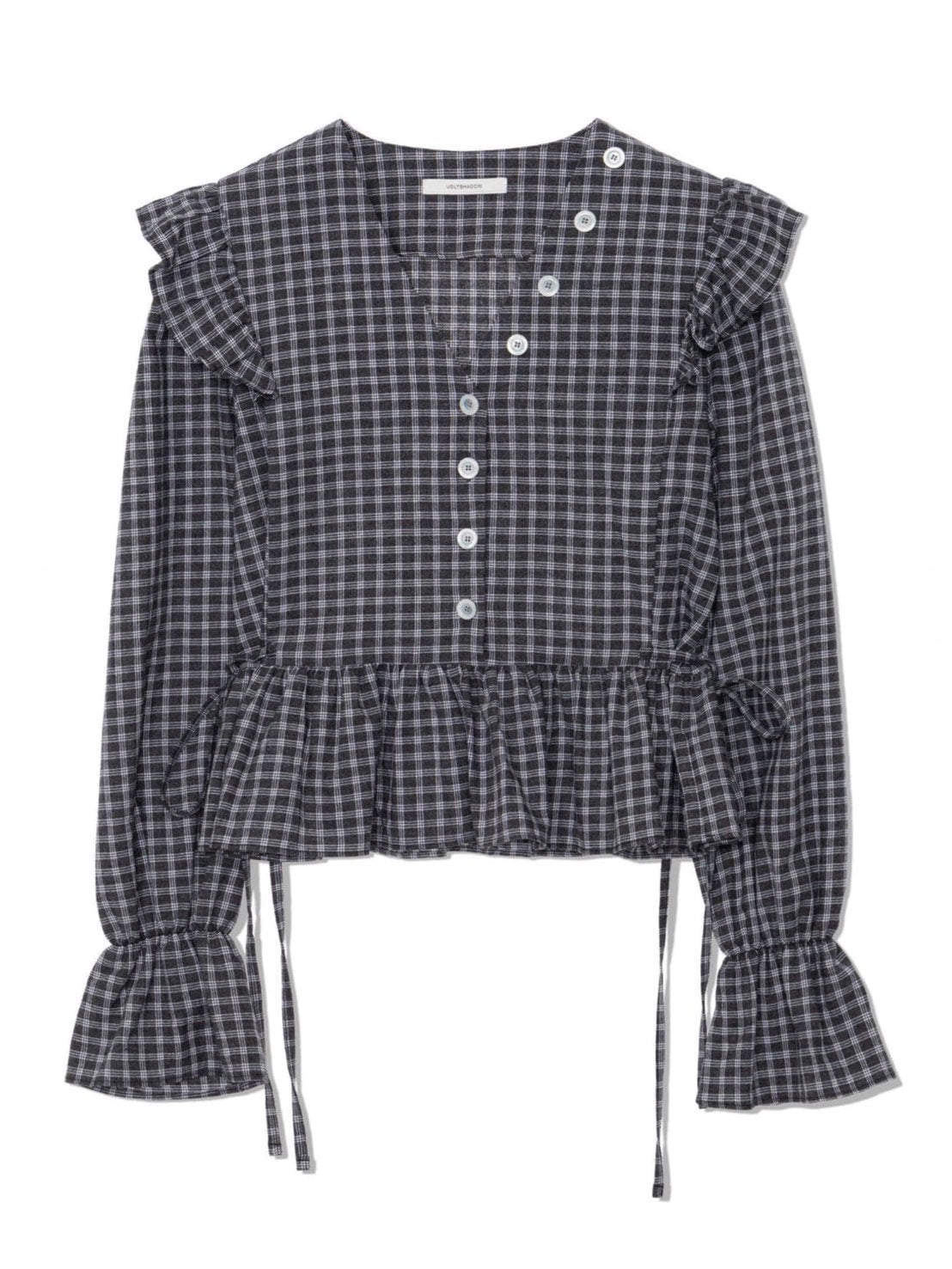 12/21 20:00 再販【Uglyshadow】BUTTON CHECK FRILL BLOUSE