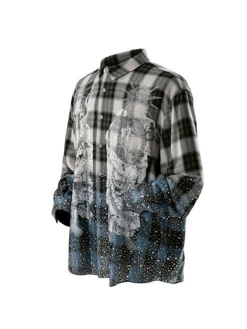 【The Boy Has No Patience】Saint Irregular Hot Diamond Plaid Shirt / 【ザボーイハズノーペーシェンス】ラインストーングラデーション長袖チェックシャツ