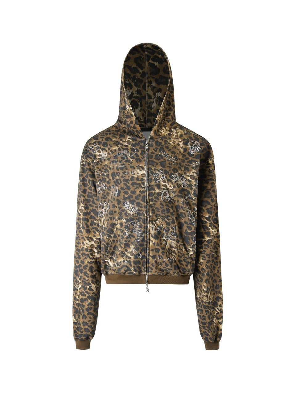 【DND4DES】Cartoon Rhinestone-Studded Leopard Print Zip Hoodie /【ディーエヌディーフォーデス】ラインストーンレオパードプリントジップアップパーカー