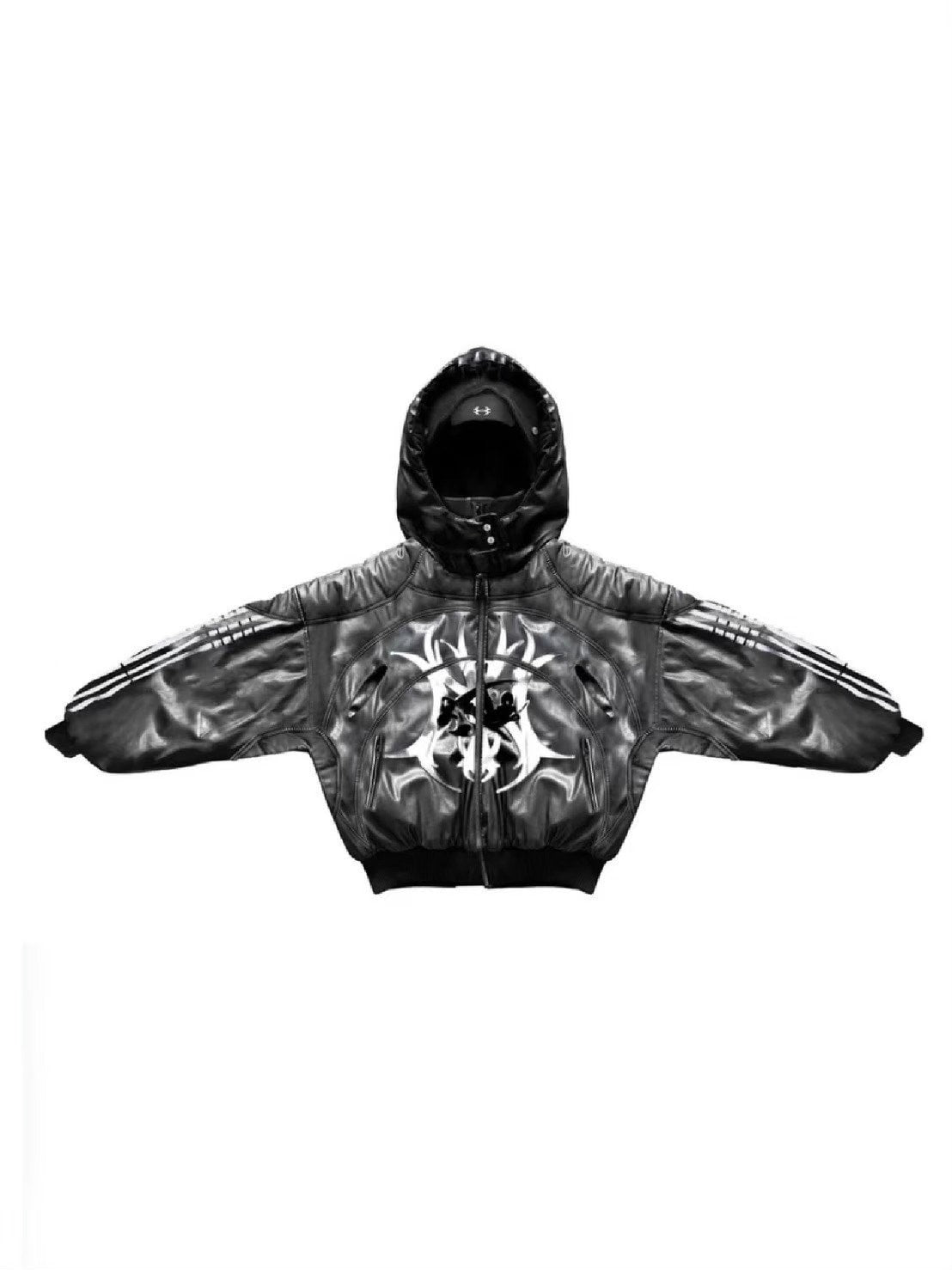 【Cozy world Wide】"BBY TECHBOI" 2 LAYER LEATHER SHELL HOODED JACKET / 【コージーワールドワイド】グラフィックレイヤードフードジャケット