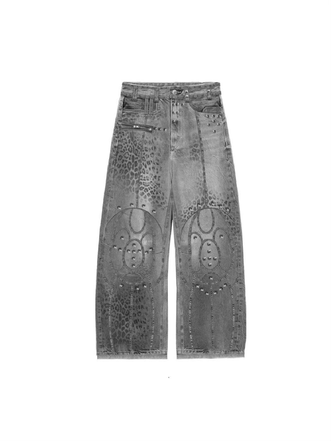 【Cozy world Wide】"25 LEOPARD" WAXED GREY BAGGY JEANS / 【コージーワールドワイド】スタッズレオパードバギーデニムパンツ